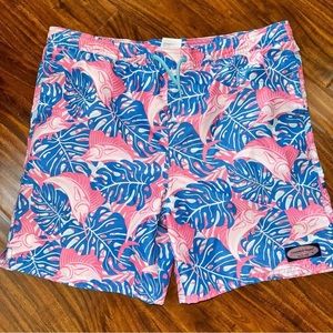 Vineyard Vines Kids Swim Trunks - Pink and Blue Leaf Print